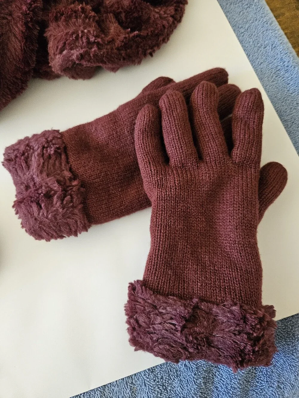 Women's Burgundy Faux-Fur Winter Scarf, Headband & Gloves Set Made By Avon
